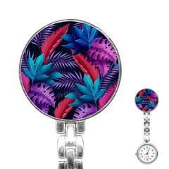 Background With Violet Blue Tropical Leaves Stainless Steel Nurses Watch by Pakemis