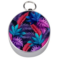 Background With Violet Blue Tropical Leaves Silver Compasses by Pakemis