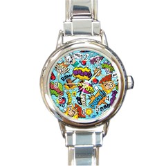 Comic Elements Colorful Seamless Pattern Round Italian Charm Watch by Pakemis