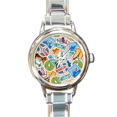 Travel Pattern Immigration Stamps Stickers With Historical Cultural Objects Travelling Visa Immigran Round Italian Charm Watch by Pakemis