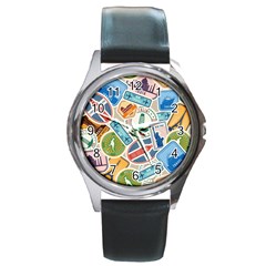 Travel Pattern Immigration Stamps Stickers With Historical Cultural Objects Travelling Visa Immigran Round Metal Watch by Pakemis