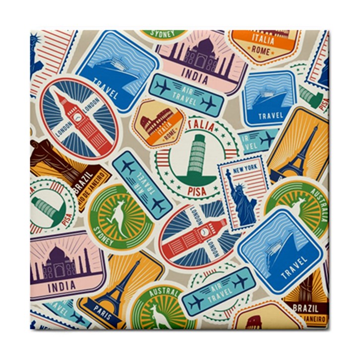 Travel Pattern Immigration Stamps Stickers With Historical Cultural Objects Travelling Visa Immigran Tile Coaster