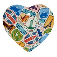 Travel Pattern Immigration Stamps Stickers With Historical Cultural Objects Travelling Visa Immigran Ornament (heart) by Pakemis