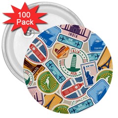 Travel Pattern Immigration Stamps Stickers With Historical Cultural Objects Travelling Visa Immigran 3  Buttons (100 Pack)  by Pakemis