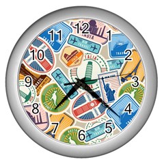 Travel Pattern Immigration Stamps Stickers With Historical Cultural Objects Travelling Visa Immigran Wall Clock (silver) by Pakemis