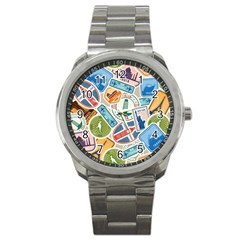 Travel Pattern Immigration Stamps Stickers With Historical Cultural Objects Travelling Visa Immigran Sport Metal Watch by Pakemis