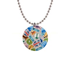 Travel Pattern Immigration Stamps Stickers With Historical Cultural Objects Travelling Visa Immigran 1  Button Necklace by Pakemis