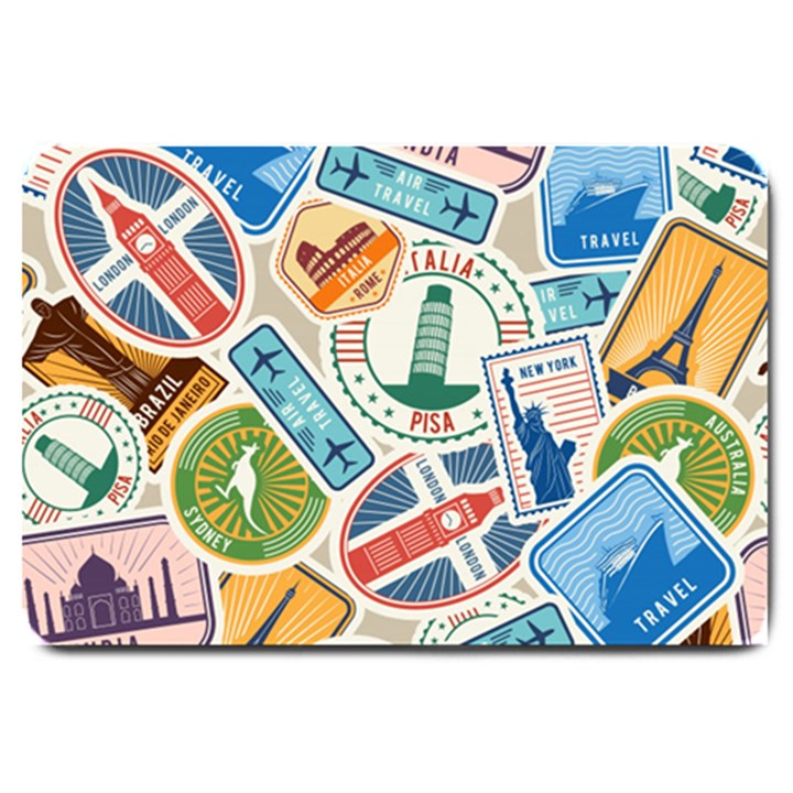 Travel Pattern Immigration Stamps Stickers With Historical Cultural Objects Travelling Visa Immigran Large Doormat