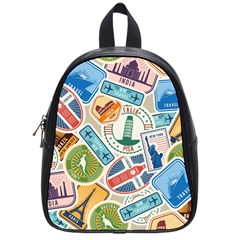 Travel Pattern Immigration Stamps Stickers With Historical Cultural Objects Travelling Visa Immigran School Bag (small) by Pakemis