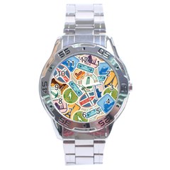 Travel Pattern Immigration Stamps Stickers With Historical Cultural Objects Travelling Visa Immigran Stainless Steel Analogue Watch