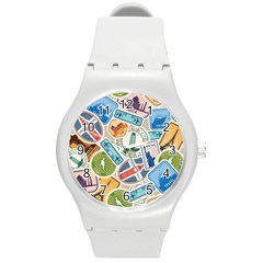 Travel Pattern Immigration Stamps Stickers With Historical Cultural Objects Travelling Visa Immigran Round Plastic Sport Watch (m) by Pakemis