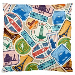 Travel Pattern Immigration Stamps Stickers With Historical Cultural Objects Travelling Visa Immigran Large Cushion Case (two Sides) by Pakemis