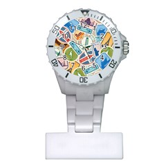 Travel Pattern Immigration Stamps Stickers With Historical Cultural Objects Travelling Visa Immigran Plastic Nurses Watch by Pakemis