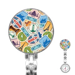 Travel Pattern Immigration Stamps Stickers With Historical Cultural Objects Travelling Visa Immigran Stainless Steel Nurses Watch by Pakemis