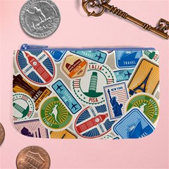 Travel Pattern Immigration Stamps Stickers With Historical Cultural Objects Travelling Visa Immigran Large Coin Purse by Pakemis