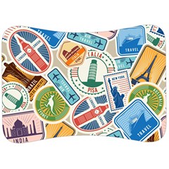 Travel Pattern Immigration Stamps Stickers With Historical Cultural Objects Travelling Visa Immigran Velour Seat Head Rest Cushion by Pakemis