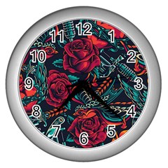 Vintage Flash Tattoos Designs Seamless Pattern Wall Clock (silver) by Pakemis