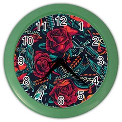 Vintage Flash Tattoos Designs Seamless Pattern Color Wall Clock by Pakemis