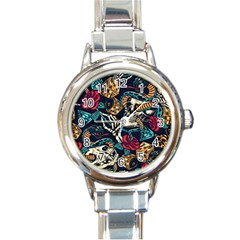 Vintage Art Tattoos Colorful Seamless Pattern Round Italian Charm Watch by Pakemis