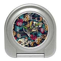 Vintage Art Tattoos Colorful Seamless Pattern Travel Alarm Clock by Pakemis