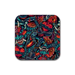 Vintage Tattoos Colorful Seamless Pattern Rubber Coaster (square) by Pakemis