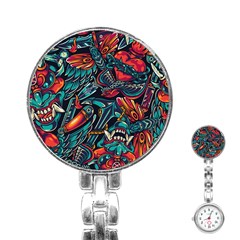 Vintage Tattoos Colorful Seamless Pattern Stainless Steel Nurses Watch by Pakemis