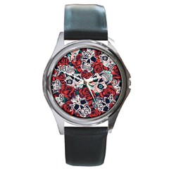 Vintage Day Dead Seamless Pattern Round Metal Watch by Pakemis