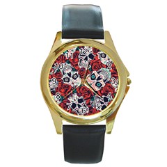 Vintage Day Dead Seamless Pattern Round Gold Metal Watch by Pakemis