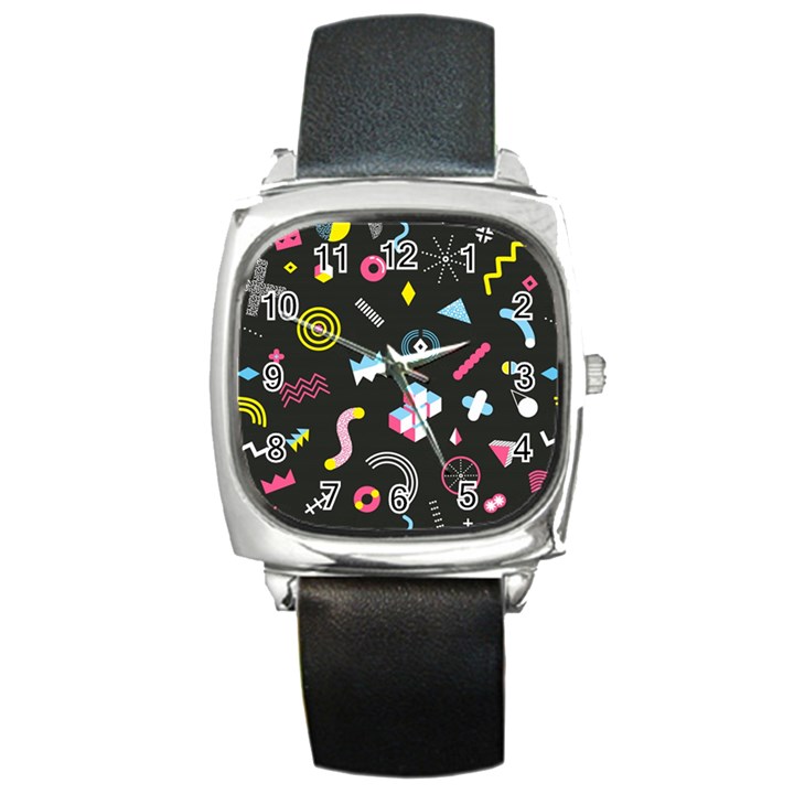 Memphis Design Seamless Pattern Square Metal Watch