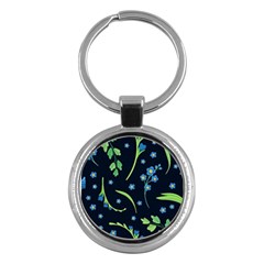 Abstract Wild Flower Dark Blue Background Blue Flowers Blossoms Flat Retro Seamless Pattern Daisy Key Chain (round)