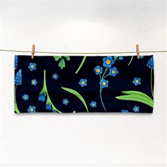 Abstract Wild Flower Dark Blue Background Blue Flowers Blossoms Flat Retro Seamless Pattern Daisy Hand Towel by Pakemis