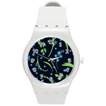 Abstract Wild Flower Dark Blue Background Blue Flowers Blossoms Flat Retro Seamless Pattern Daisy Round Plastic Sport Watch (M) Front