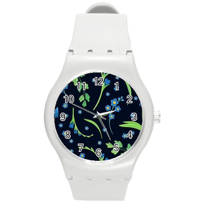 Abstract Wild Flower Dark Blue Background Blue Flowers Blossoms Flat Retro Seamless Pattern Daisy Round Plastic Sport Watch (M)