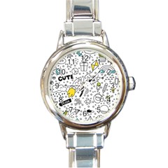 Set Cute Colorful Doodle Hand Drawing Round Italian Charm Watch by Pakemis