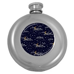 Hand Drawn Scratch Style Night Sky With Moon Cloud Space Among Stars Seamless Pattern Vector Design Round Hip Flask (5 Oz) by Pakemis