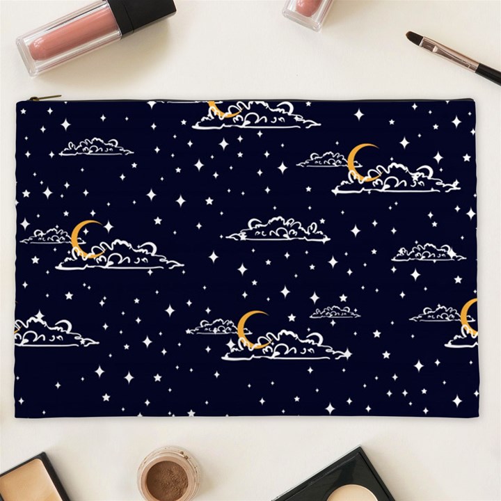 Hand Drawn Scratch Style Night Sky With Moon Cloud Space Among Stars Seamless Pattern Vector Design Cosmetic Bag (XXL)