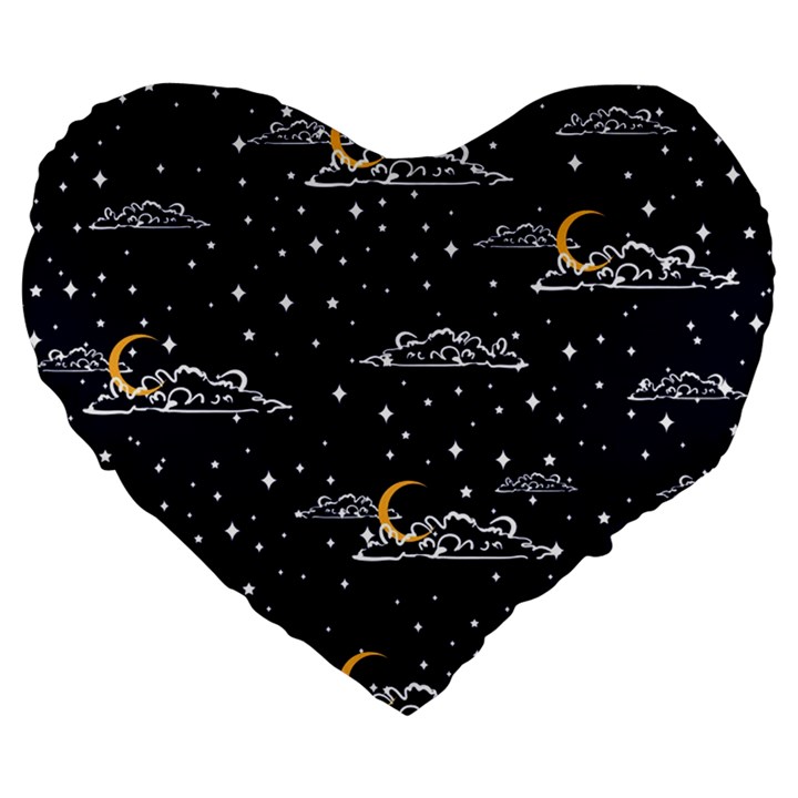 Hand Drawn Scratch Style Night Sky With Moon Cloud Space Among Stars Seamless Pattern Vector Design Large 19  Premium Heart Shape Cushions