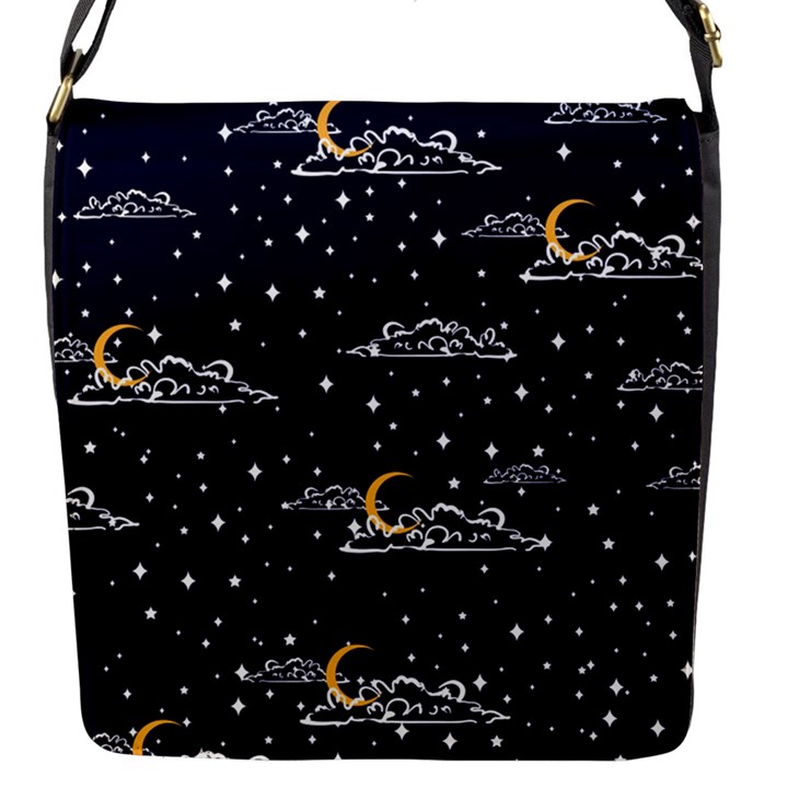 Hand Drawn Scratch Style Night Sky With Moon Cloud Space Among Stars Seamless Pattern Vector Design Flap Closure Messenger Bag (S)