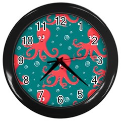 Cute Smiling Red Octopus Swimming Underwater Wall Clock (black) by Pakemis