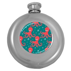 Cute Smiling Red Octopus Swimming Underwater Round Hip Flask (5 Oz) by Pakemis