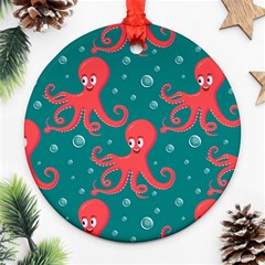 Cute Smiling Red Octopus Swimming Underwater Round Ornament (two Sides) by Pakemis