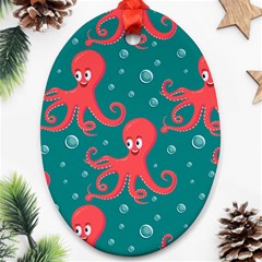 Cute Smiling Red Octopus Swimming Underwater Oval Ornament (two Sides) by Pakemis