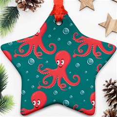 Cute Smiling Red Octopus Swimming Underwater Star Ornament (two Sides) by Pakemis