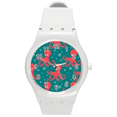 Cute Smiling Red Octopus Swimming Underwater Round Plastic Sport Watch (m) by Pakemis