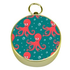 Cute Smiling Red Octopus Swimming Underwater Gold Compasses by Pakemis