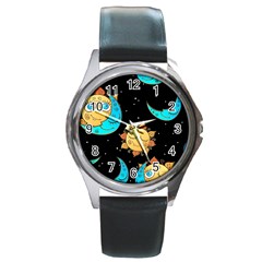 Seamless Pattern With Sun Moon Children Round Metal Watch by Pakemis