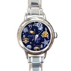 Marine Seamless Pattern Thin Line Memphis Style Round Italian Charm Watch by Pakemis