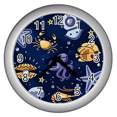 Marine Seamless Pattern Thin Line Memphis Style Wall Clock (silver)