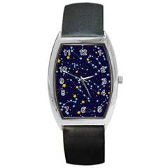 Seamless Pattern With Cartoon Zodiac Constellations Starry Sky Barrel Style Metal Watch by Pakemis