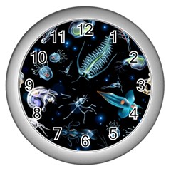 Colorful Abstract Pattern Consisting Glowing Lights Luminescent Images Marine Plankton Dark Backgrou Wall Clock (silver) by Pakemis